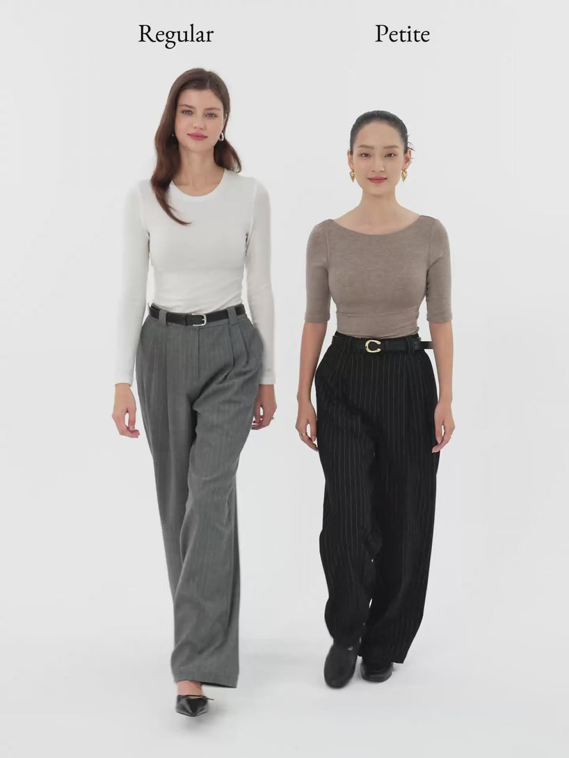 Stretch Striped Mid Rise Wide Leg Trousers with Pockets