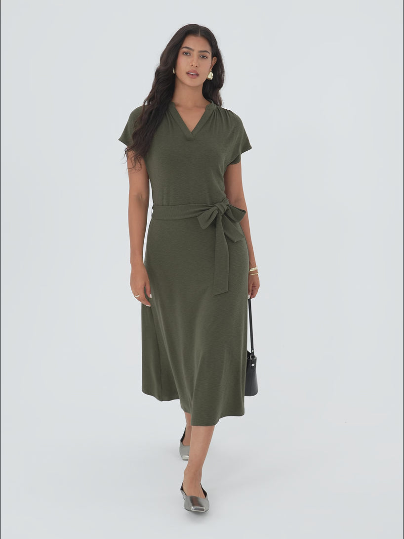 OGLmove V-Neck Short Sleeve Belted Midi Dress