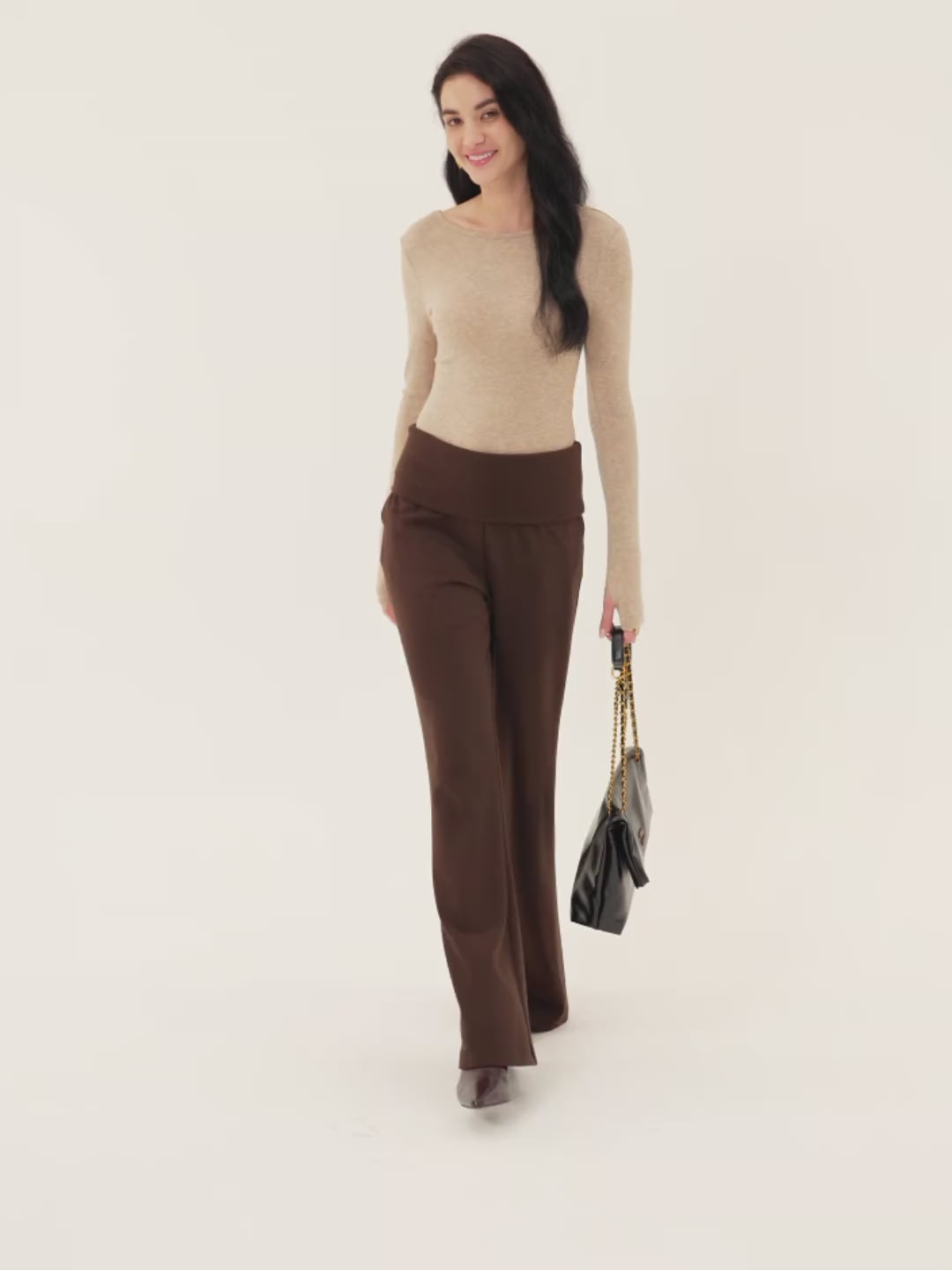 Tummy Warmer Folding Waistband Flared Pants with Pockets