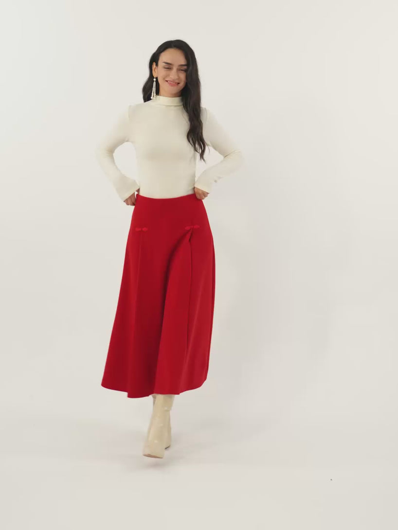 Wool-like Frog Button A-Line Midi Skirt