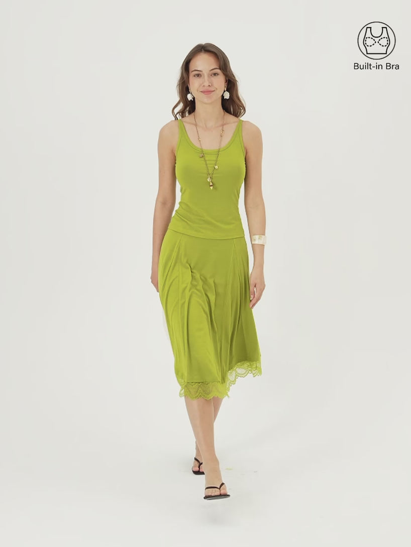 OGLmove 2Pcs Set Scoop Neck Bra Top & Lace Trim Midi Circle Flare Skirt
