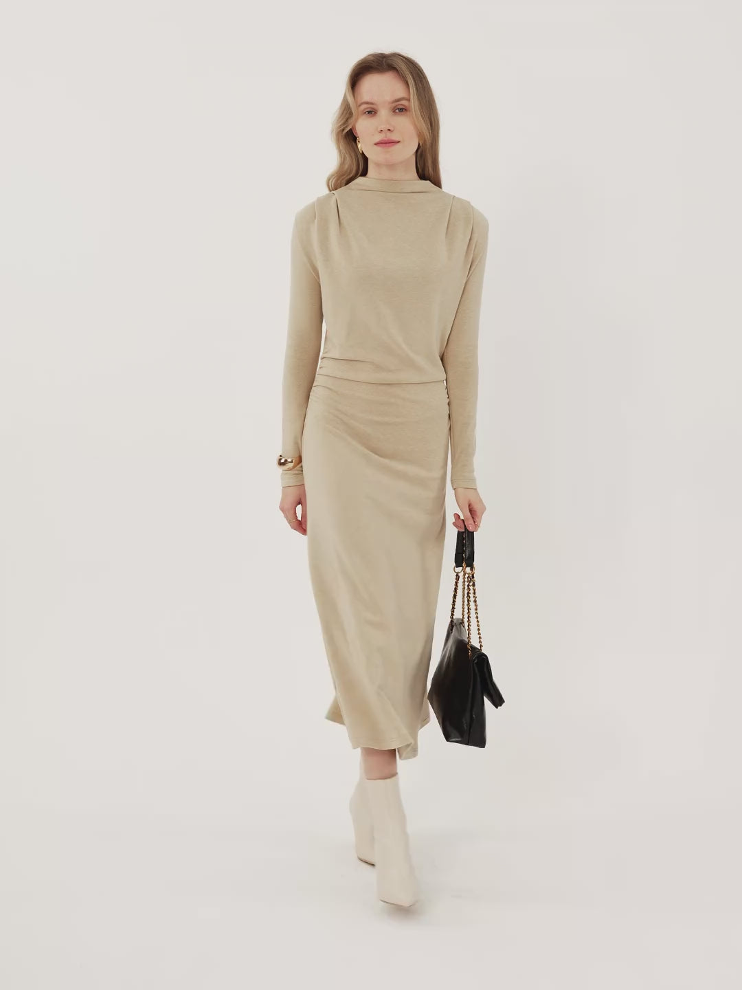 ProWarm Ruched Mockneck Fit-and-Flare Midi Dress