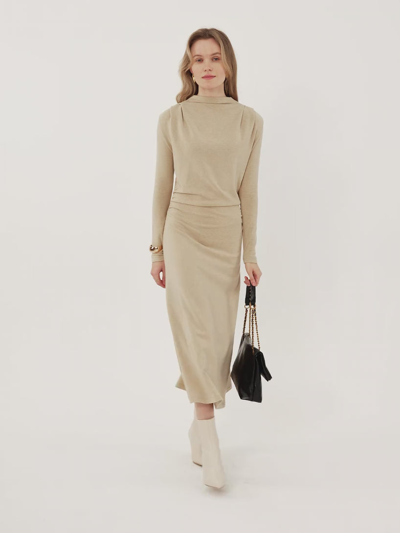 ProWarm Ruched Mockneck Fit-and-Flare Midi Dress