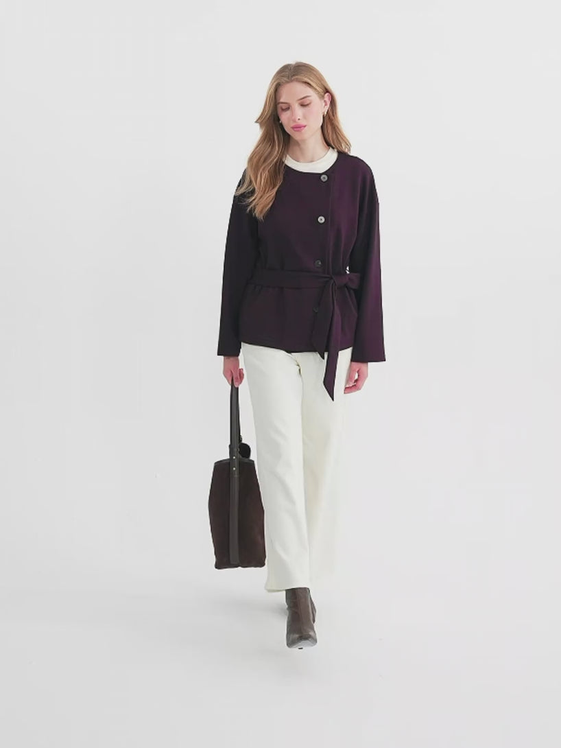 OGLmove Bamboo-Blend Round Neck Long Sleeve Belted Jacket with Pockets