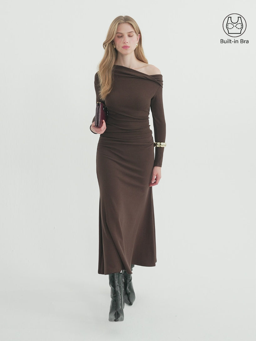 OGLmove 2Pcs Set Prowarm Neck Long Sleeve Built-In Bra Top & Mid-Rise Ruched Flared Midi Skirt