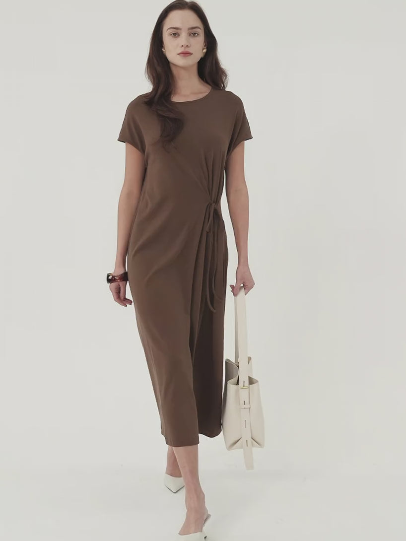 OGLmove Cotton Lyocell Easy Airy Midi Dress with Self-Tie