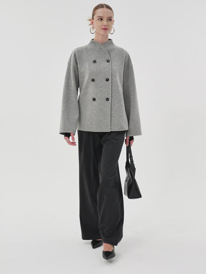 Stand Collar Double-Breasted Knit Jacket with Pockets