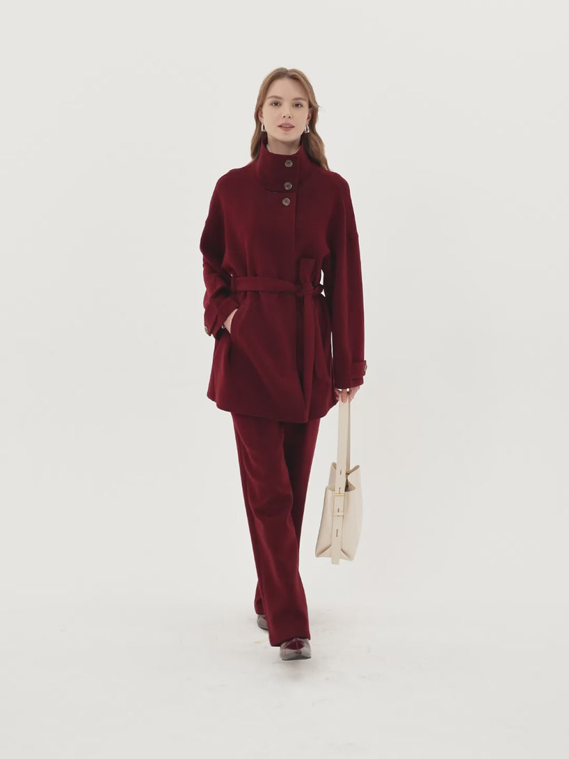 2Pcs Set Stand Collar Belted Coat & Mid Rise Straight Pull-on Pants with Pockets