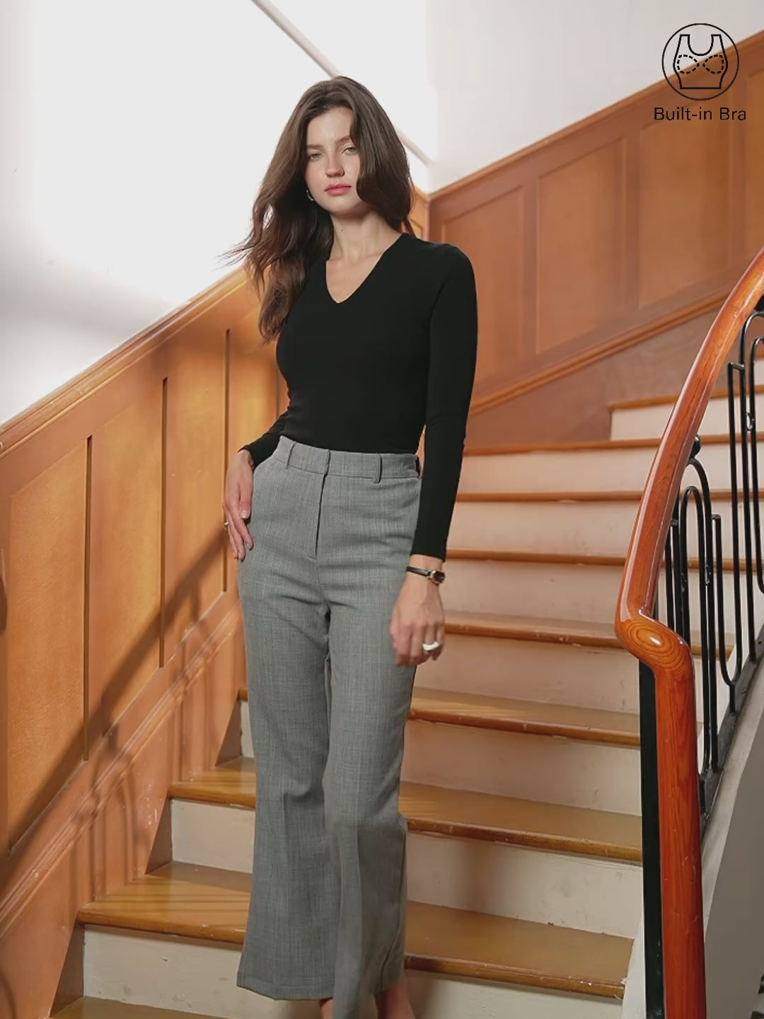 2Pcs Set Stretch Cotton V-Neck Long Sleeve Brami Top