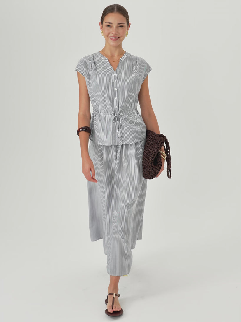 OGLmove Notched V-Neck Drawstring Waist Poplin Shirt