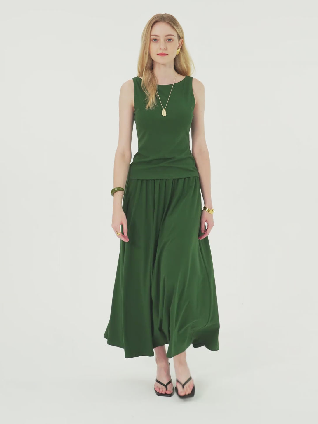 Stretch Cotton Maxi Umbrella Skirt with Pockets