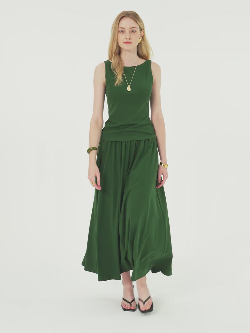 Stretch Cotton Maxi Umbrella Skirt with Pockets