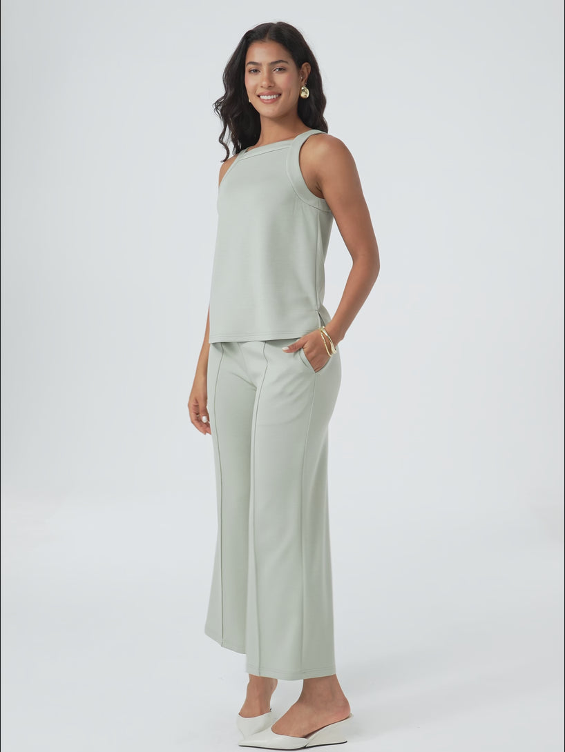OGLmove 2Pcs Set Square Neck Sleeveless Top & Straight-Leg Pants with Pockets