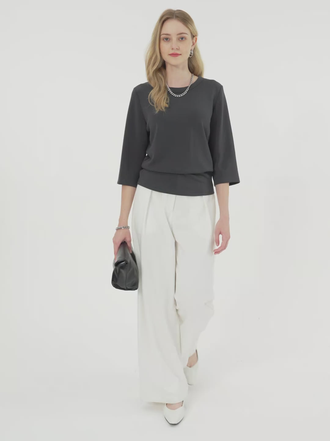 Sandwashed Spacer Crewneck 3/4 Sleeve Top