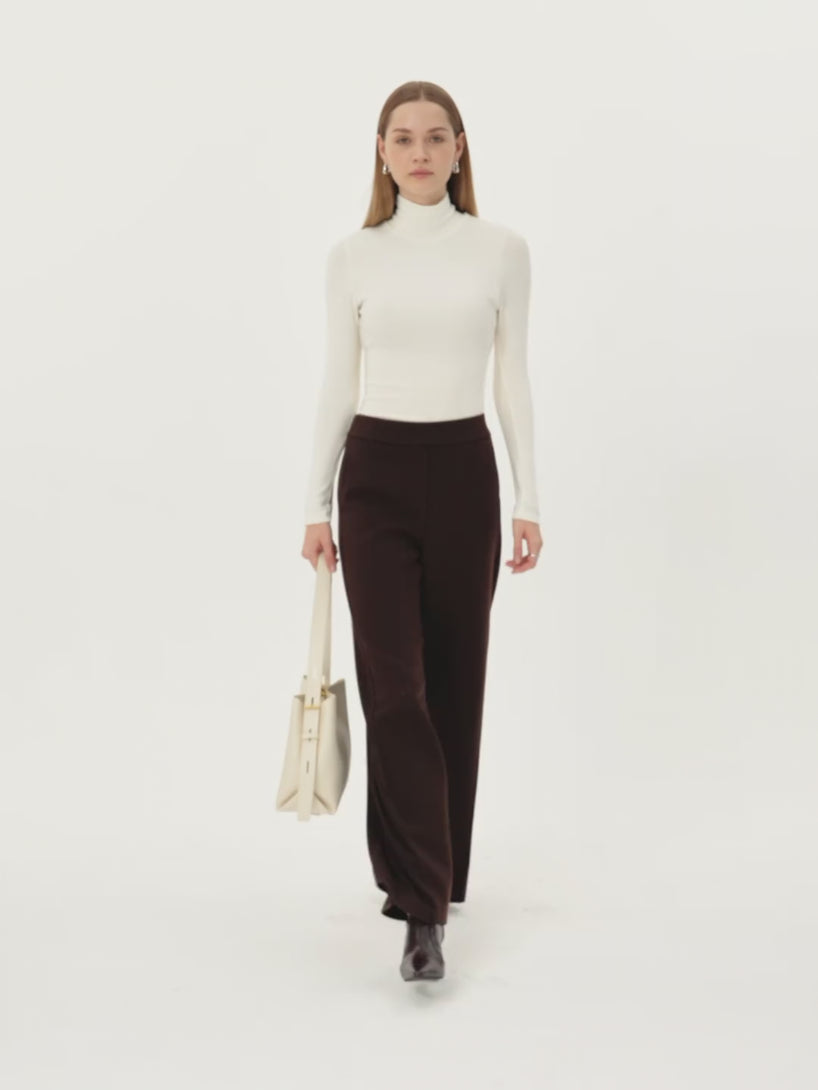 Ribbed Panel Mid Rise Wide Leg Pants with Pockets