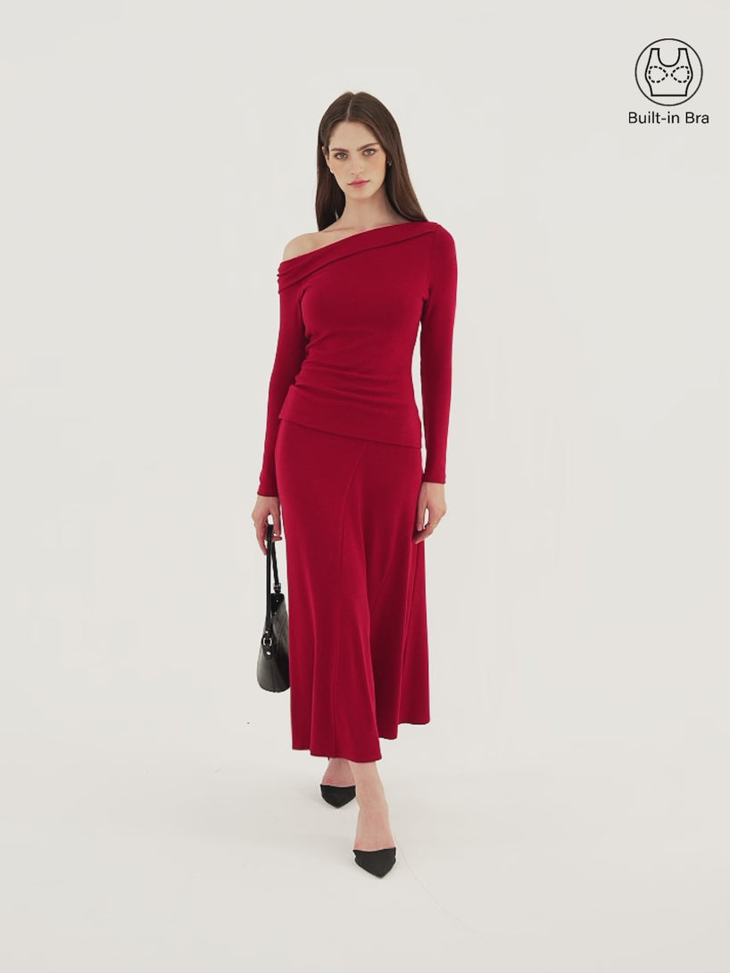OGLmove 2Pcs Set LiteWarm Asymmetrical Built-In Bra Top & High-Rise A-Line Midi Skirt