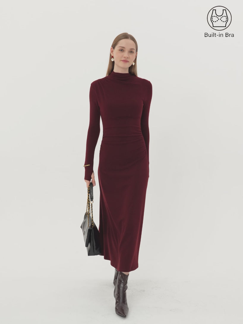 ProWarm Mockneck Ruched Midi Brami Dress with Thumbhole