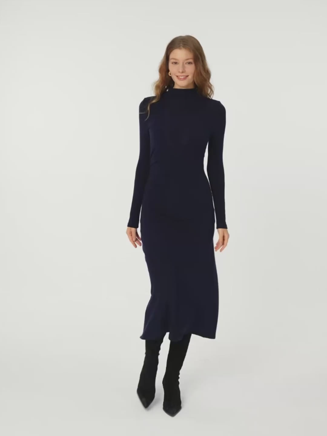 ProWarm Long Sleeves Mockneck Tucks Midi Dress