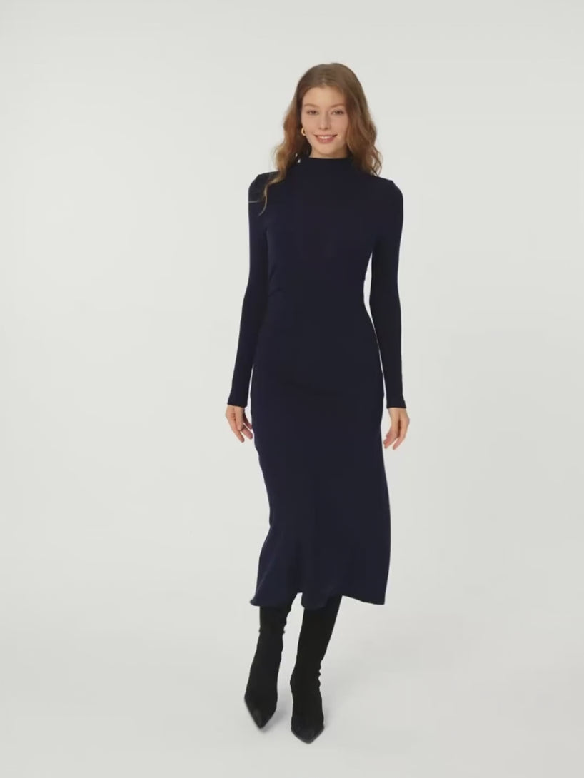 ProWarm Long Sleeves Mockneck Tucks Midi Dress