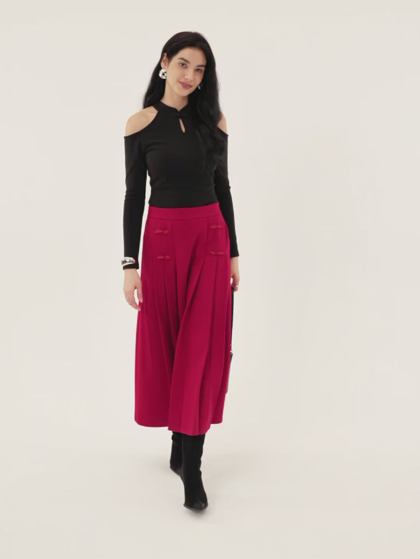 Pleated Frog Button Decor Midi A-line Skirt