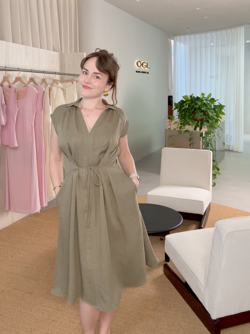 Viscose-Linen Collared V-neck Midi Dress with Drawstring