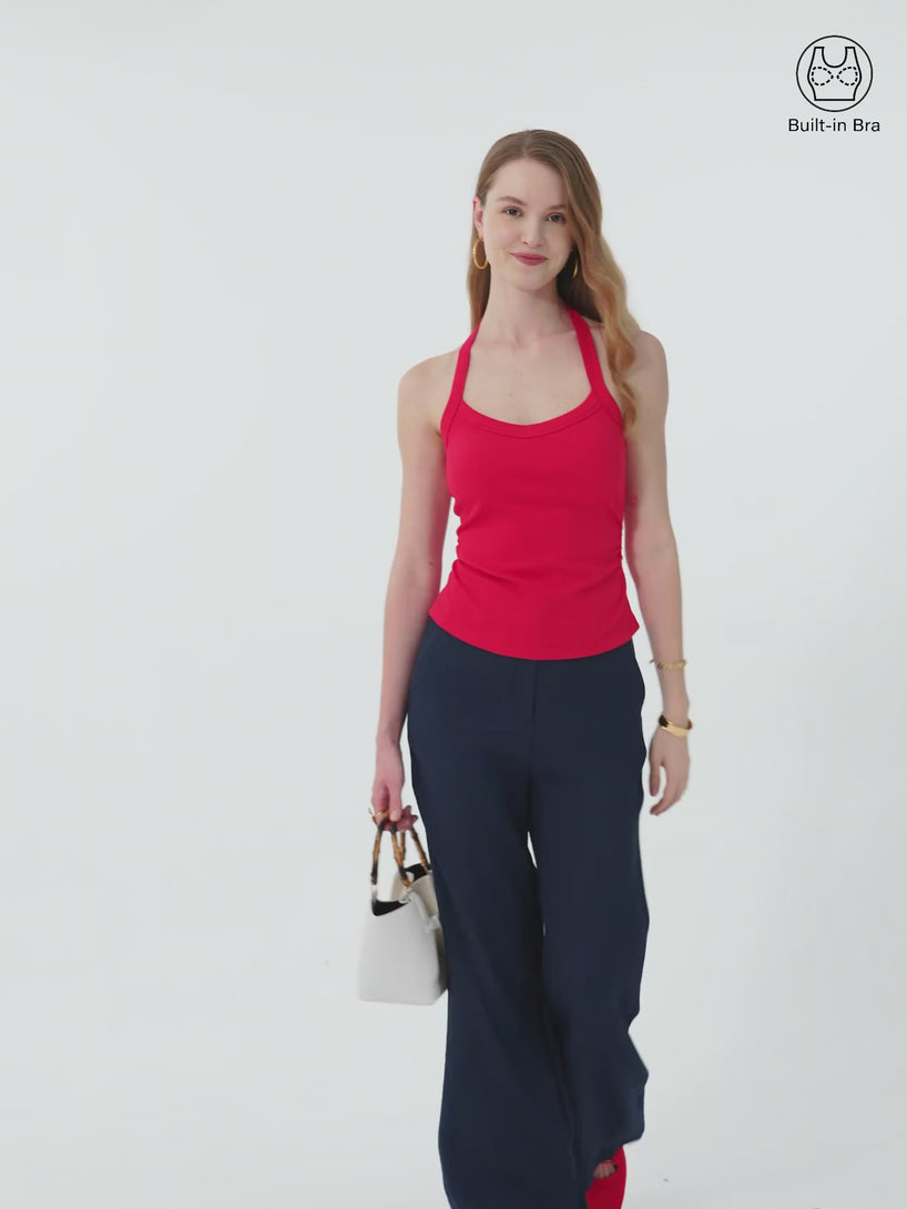 Halter Neck Side Ruched Ribbed Brami Tank