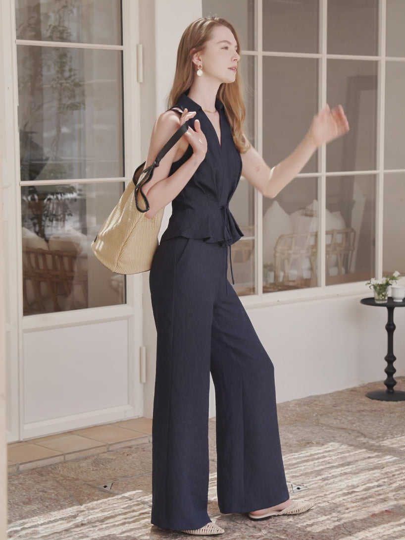 European Linen Mid Rise Flared Pant with Pockets