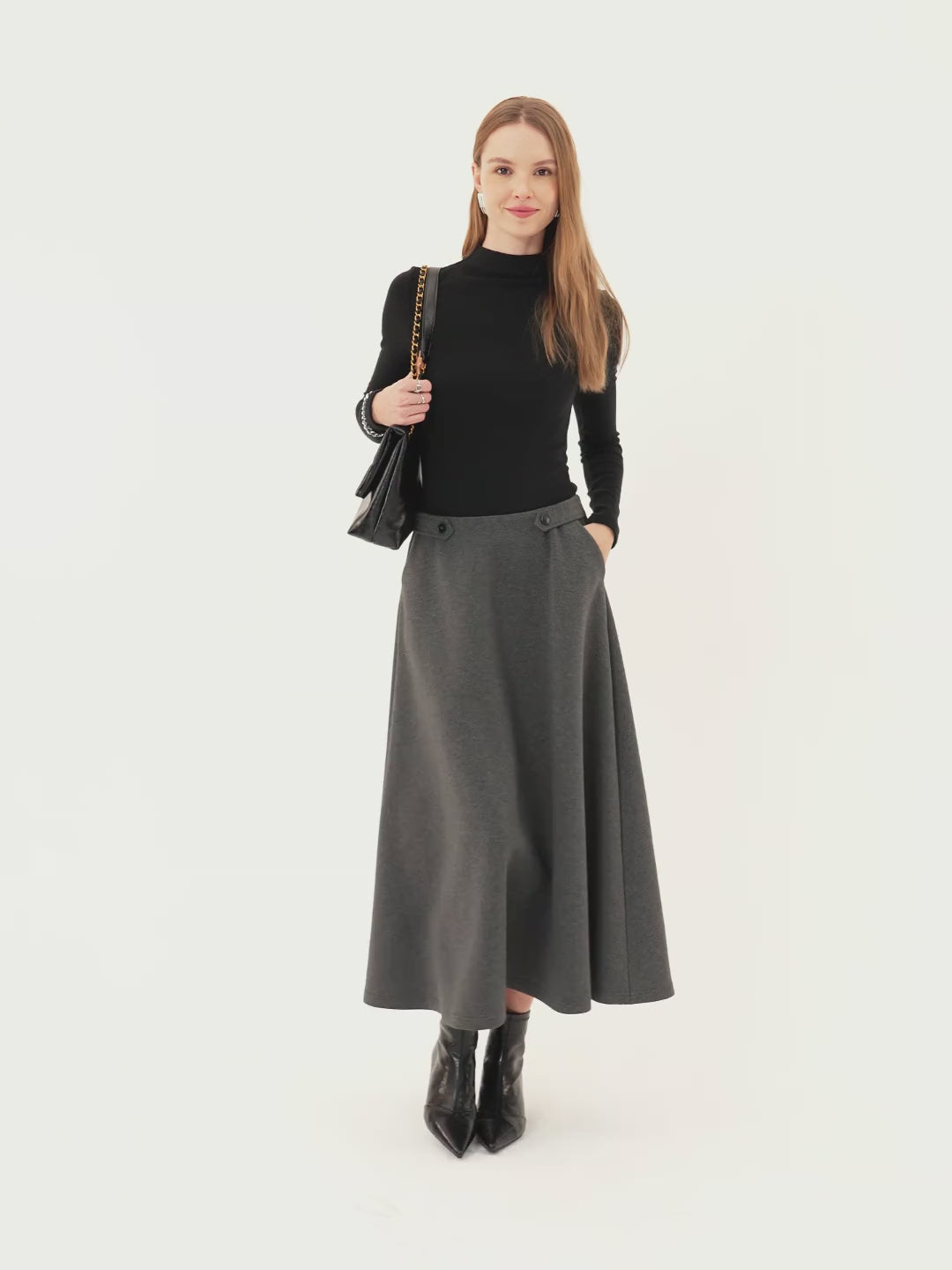 Cozy Warm Tailored Midi Circle Skirt with Pockets