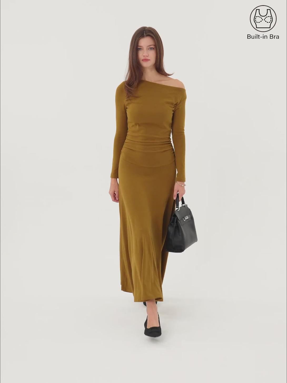 Asymmetrical Shoulder Side Ruched Ankled Maxi Dress