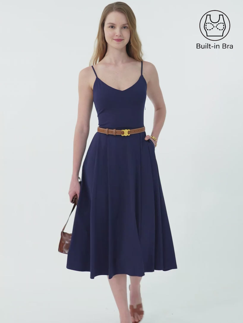 Bamboo Ponte V-neck Fit-and-flare Midi Brami Sundress with Pockets