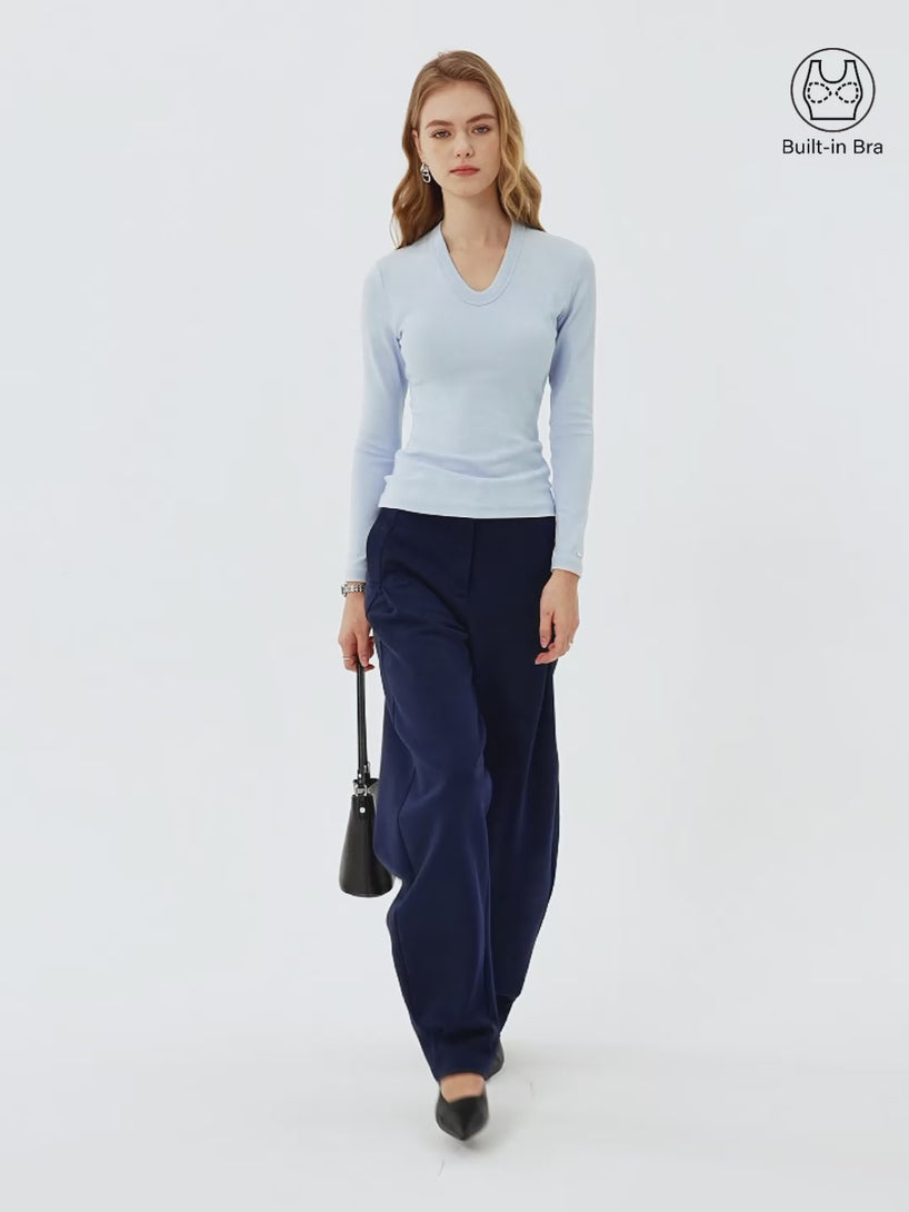 Cotton Lyocell Oval V-Neck Long Sleeve Brami