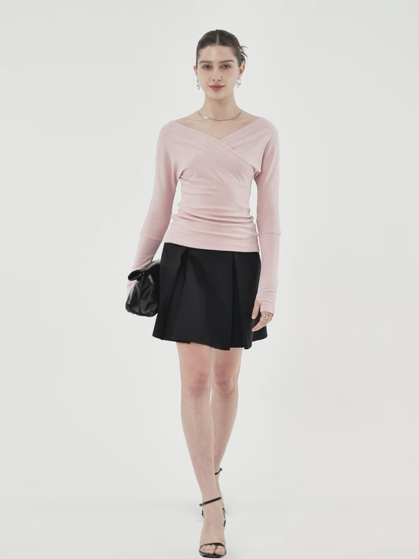 Strech Cotton Blend Pleated Skort with Built-in Shorts