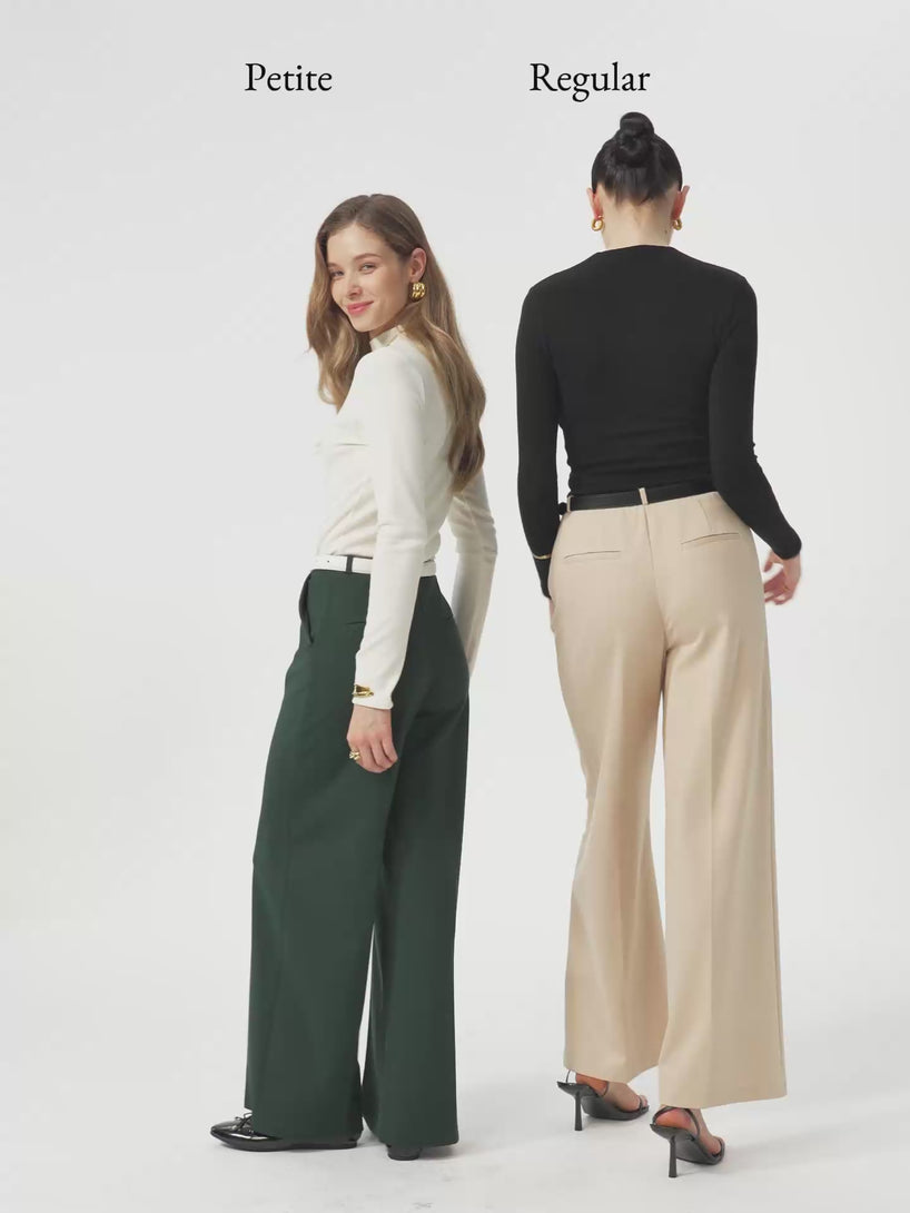 Wrinkle-Resistant High Rise Wide Leg Fly-Front Trousers with Pockets