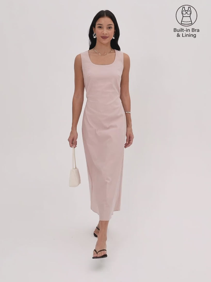 OGLmove Wrinkle-Resistant Linen Blend U-Neck Maxi Dress with Pockets
