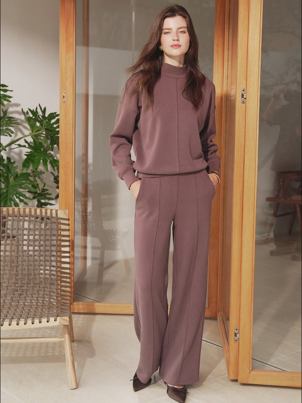 2Pcs Set Petite Mid Rise Straight Leg Pants with Pockets & Mockneck Pullover Shirt