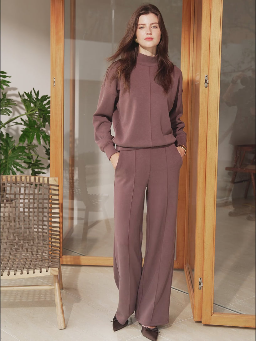 2Pcs Set Petite Mid Rise Straight Leg Pants with Pockets & Mockneck Pullover Shirt