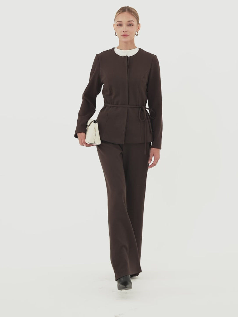 OGLmove Bamboo Piqué Round Neck Long Sleeve Belted Jacket with Pockets