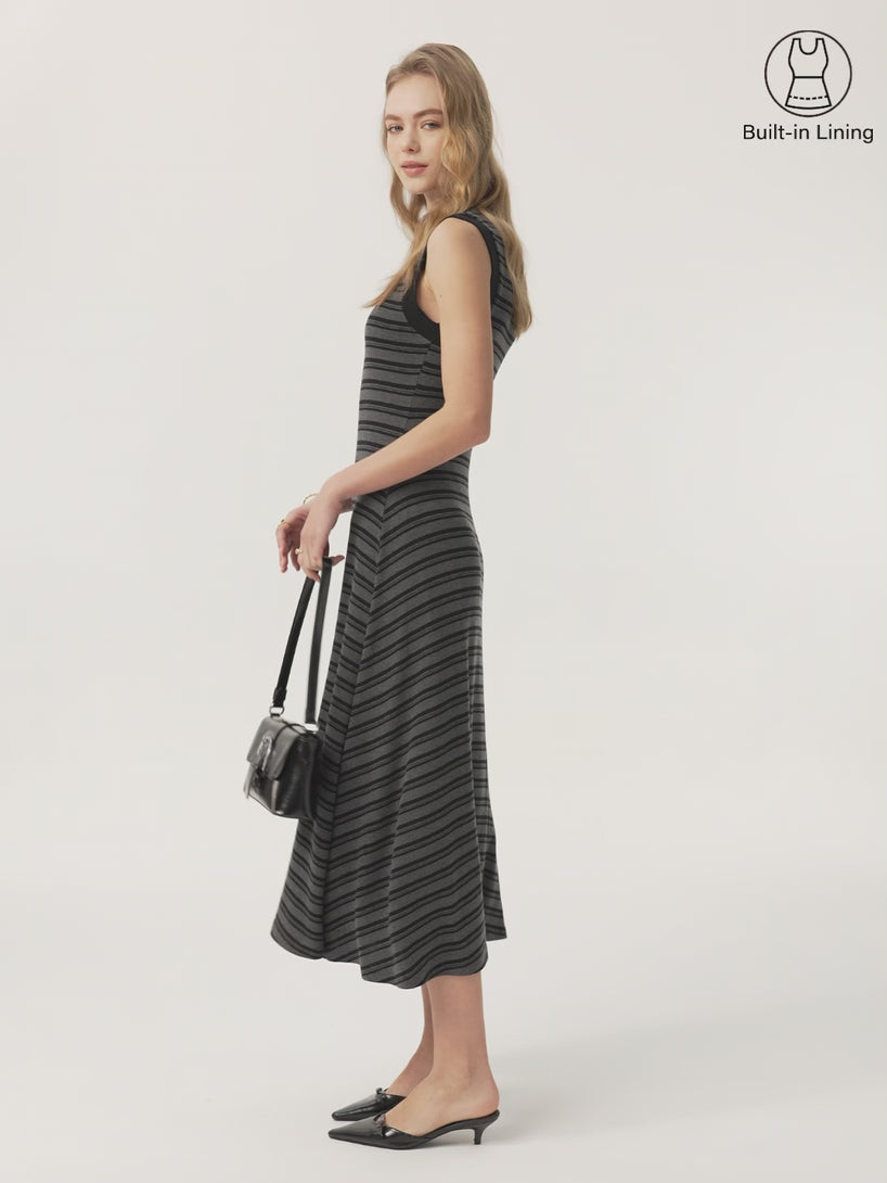 Non-Itch Lyocell Wool Perkins Neck Wide Shoulder Midi Dress