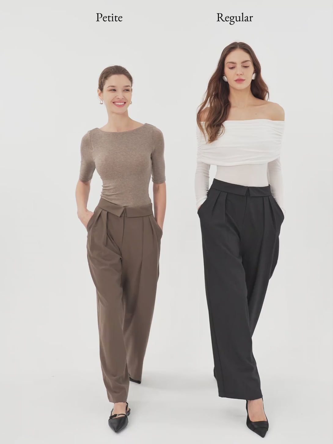 Fold-Over Pleated Midi Rise Wide Leg Trousers with Pockets