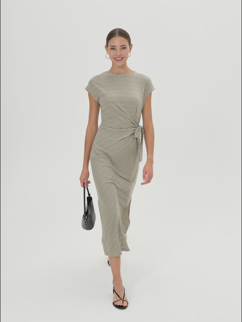 OGLmove Striped Relaxed Midi Dress with Self-Tie