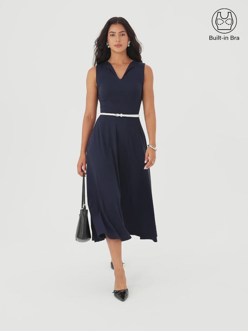 OGLmove Ribbed Collared V-Neck Sleeveless A-Line Midi Bra Dress with Pockets