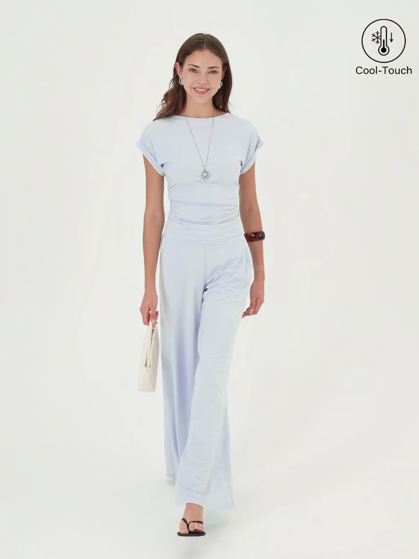 OGLmove 2Pcs Set Round Neck Ruched Tee & Mid Rise Wide Leg Pants