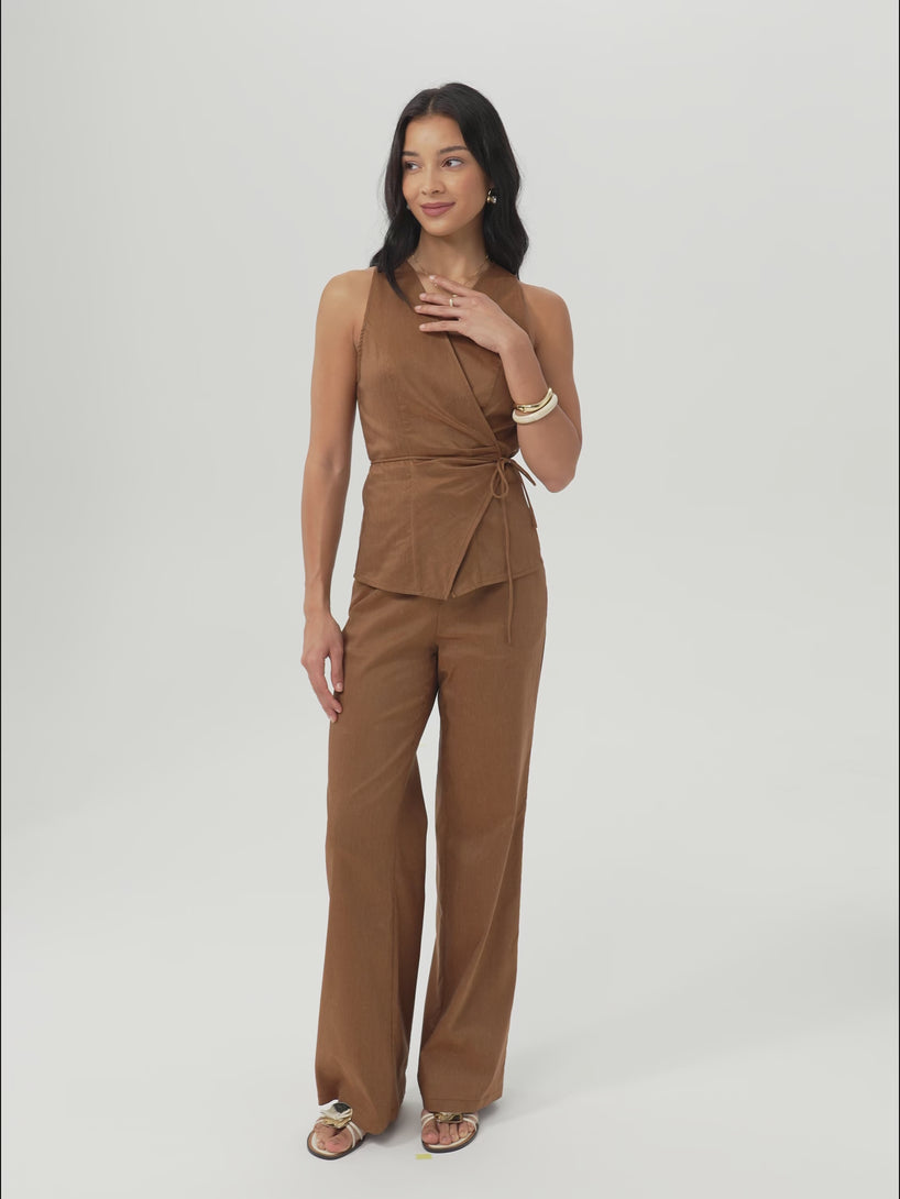 OGLmove 2Pcs Set Wrap Top with Self-Tie & Drawstring Wide Leg Pant with Pockets