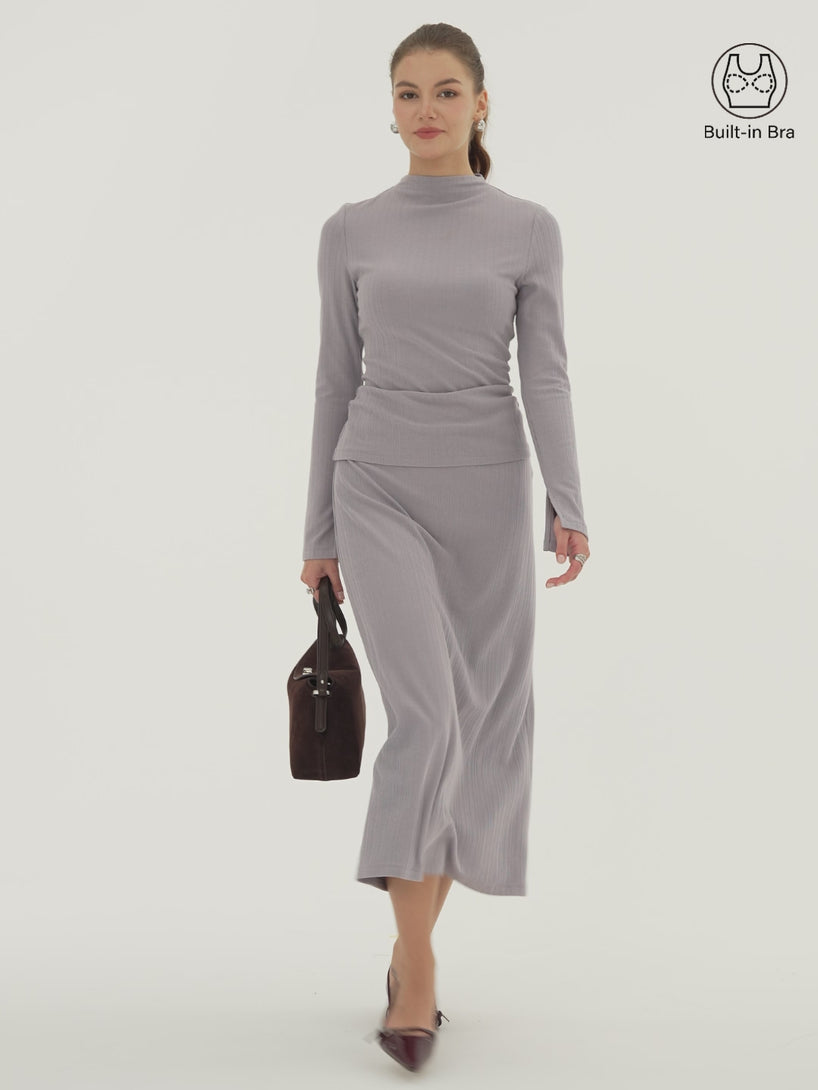OGLmove 2Pcs Set Prowarm Mock Neck Long Sleeve Cuff-Slit Bra Top & Mid-Rise A-Line Midi Skirt