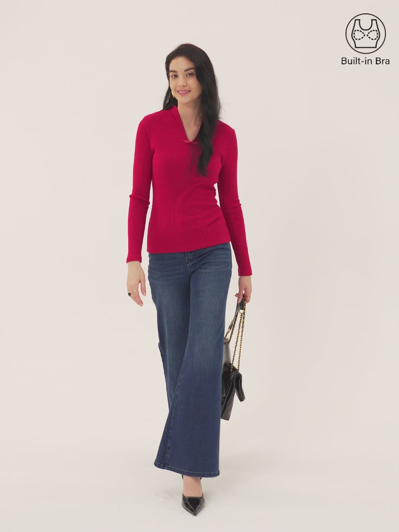 Ribbed Stand V-neck Frog Button Long Sleeve Brami