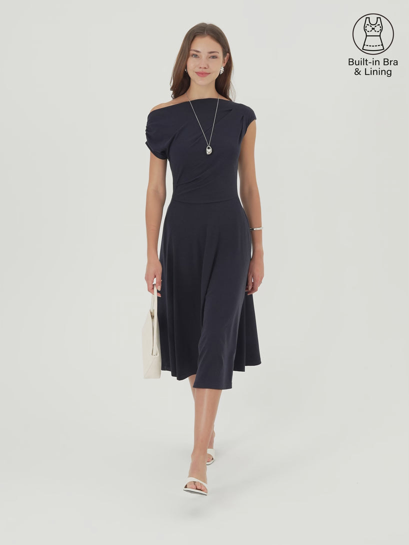 OGLmove Asymmetrical Shoulder Tucked Midi Bra Dress with Pockets
