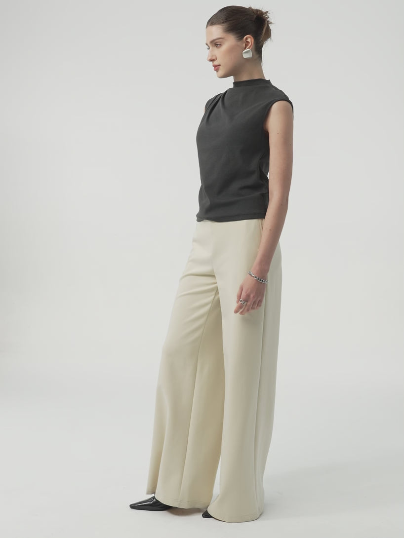 Stretch Cotton Blend Mid Rise Wide Leg Pants with Pockets