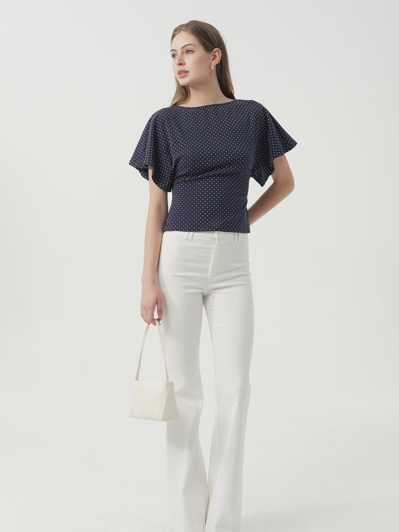 OGLmove Soft Stretch Cotton Boatneck Flutter Sleeves Polka Dot Top Limited Edition