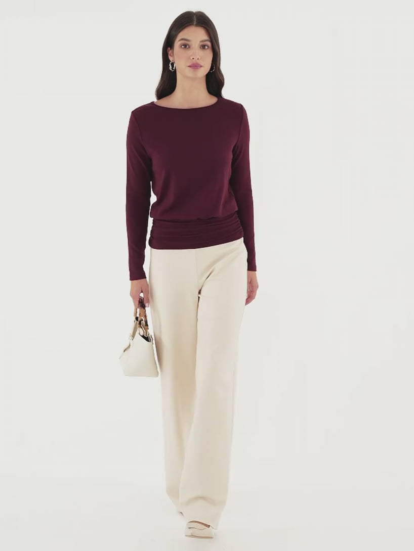 OGLmove LiteWarm Boatneck Long Sleeve Ruched Banded Hem Top