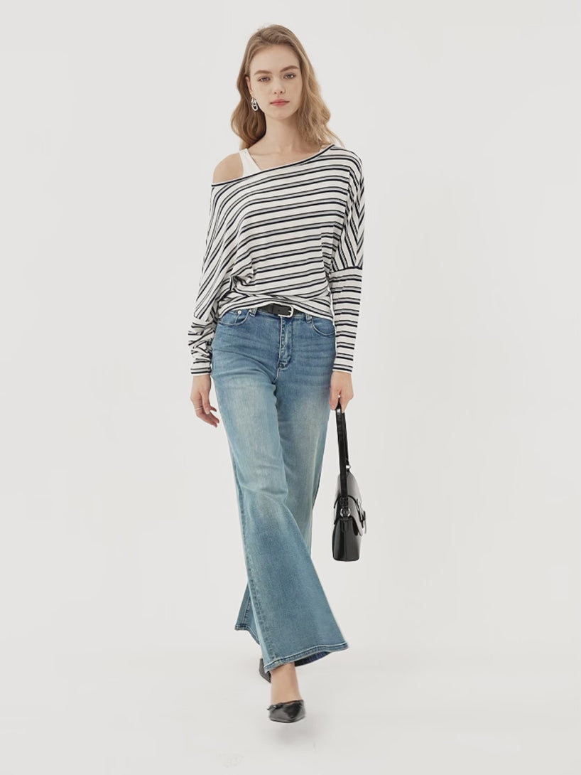 Lyocell Wool Striped Boatneck Batwing Sleeves Top